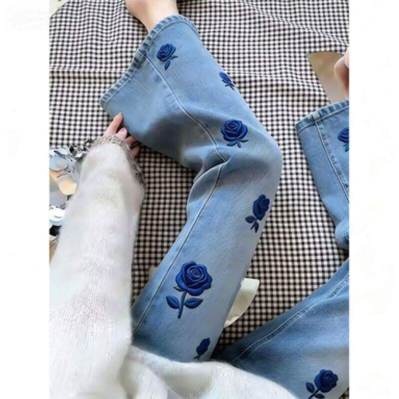 蓝色重工玫瑰印花牛仔裤女今年夏季流行新款轻奢百搭好看微喇裤子