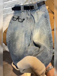 梨形身材小个子高腰烟管宽松直筒蓝色阔腿加绒牛仔裤子女冬季加厚