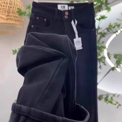 加绒加厚黑色微喇叭牛仔裤女2025年冬季新款设计感高腰显瘦长裤