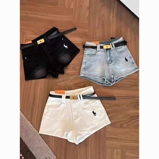 2025夏季新款A字白色牛仔短裤刺绣高腰显瘦配腰带提臀超火的裤子