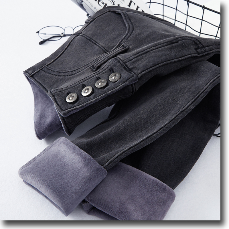 高腰烟灰色加绒加厚牛仔裤女2025冬季新款弹力显瘦小脚裤紧身长裤