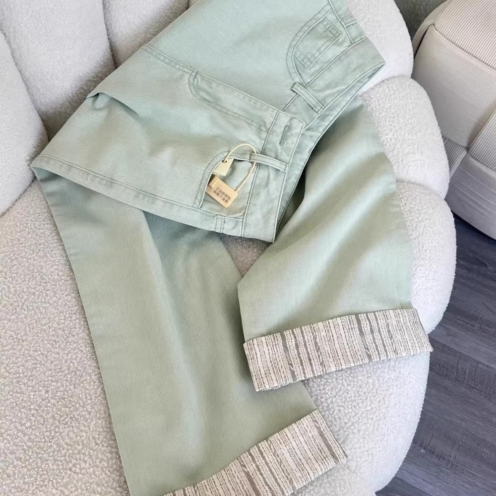 浅绿色卷边牛仔裤阔腿宽松2025欧货爆款裤子小个子高腰九分直筒裤