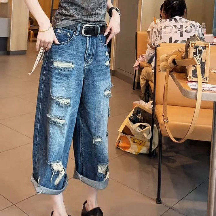 夏季新款潮流个性破洞时尚大码牛仔裤女梨形宽松洋气八九分阔腿裤