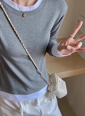 灰色假两件t恤女春秋季宽松韩版慵懒风长袖正肩内搭高级感打底衫