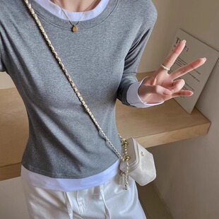 正肩内搭高级感打底衫 慵懒风长袖 宽松韩版 灰色假两件t恤女春秋季