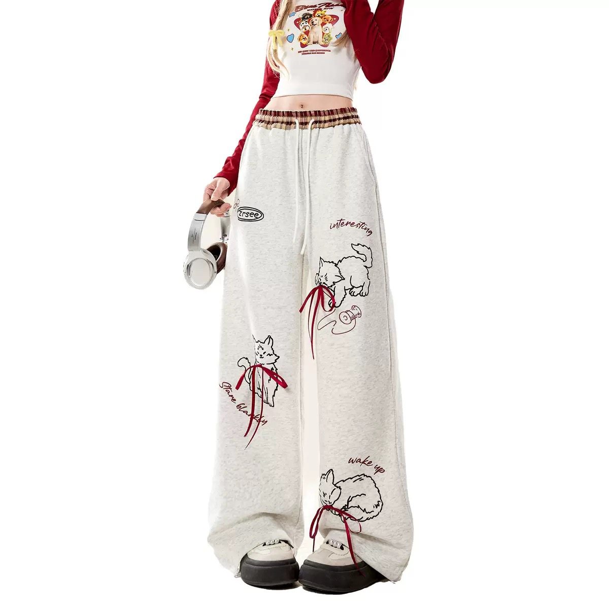 花灰色涂鸦猫咪印花蝴蝶结拼接休闲裤女春季慵懒风宽松直筒阔腿裤,女装/女士精品,休闲裤,淘宝优惠券,粉丝福利购,淘宝优惠卷