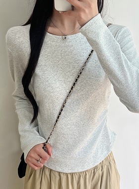 褶皱长袖春秋打底衫新款女可外穿弧形下摆不规则T恤内搭纯棉上衣