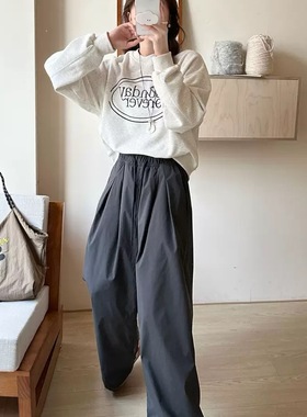 灰色蜂巢绒冲锋阔腿裤女秋冬季防水防风高腰系带休闲两穿束脚裤子