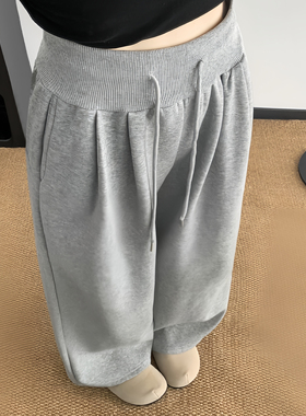 美式灰色运动裤女加厚秋冬季高腰垂感直筒卫裤休闲慵懒风阔腿裤子