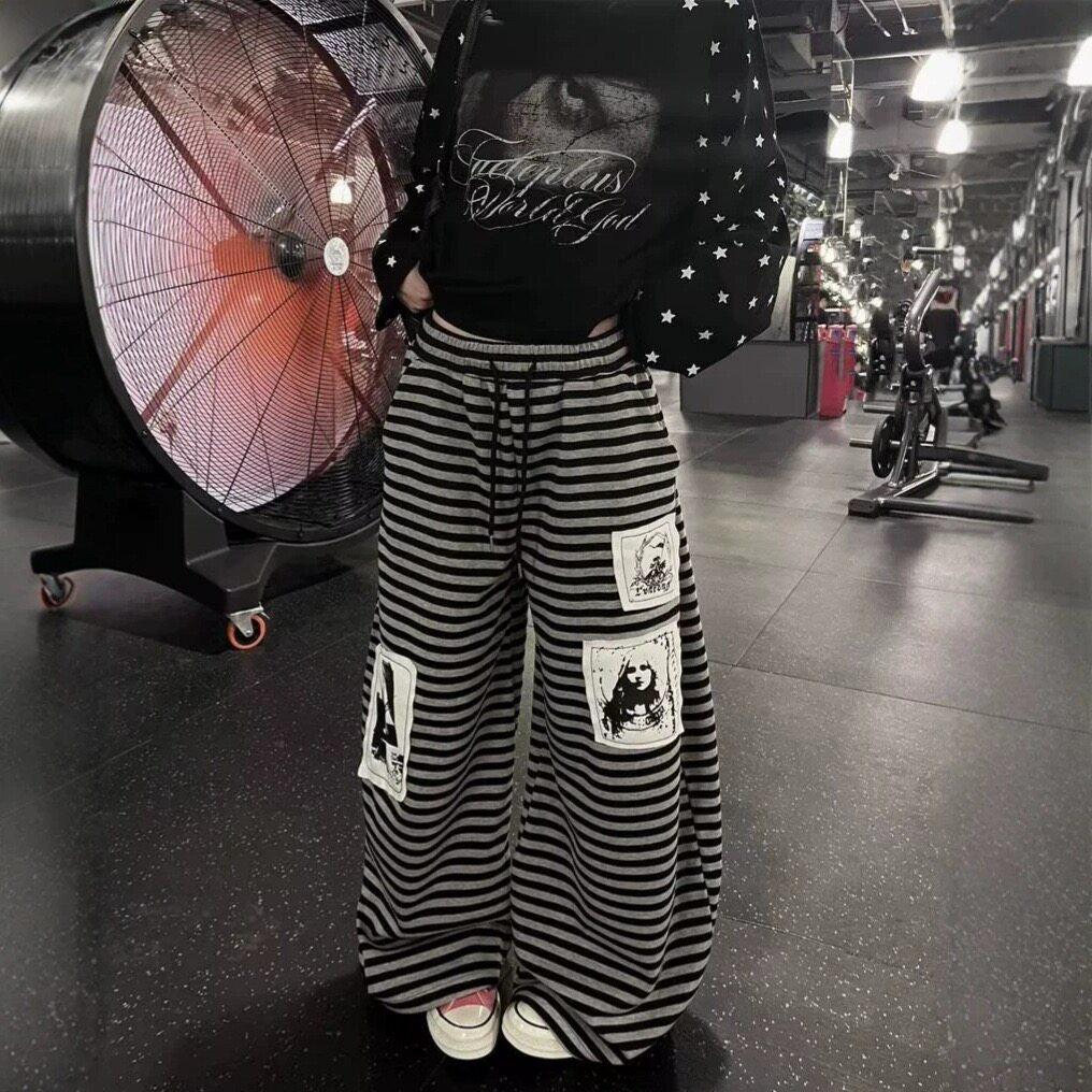 美式复古条纹印花贴布阔腿裤女