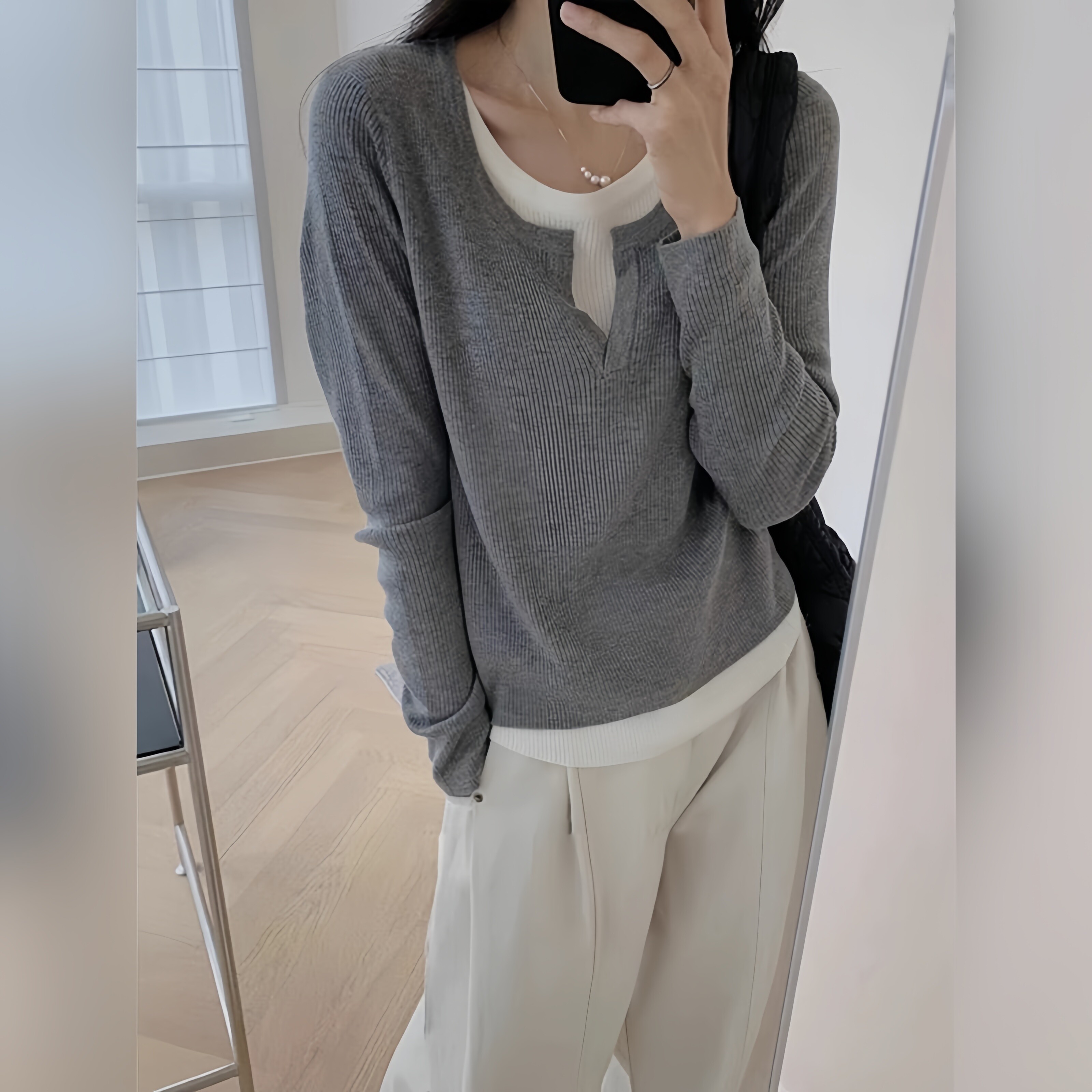灰色假两件长袖T恤女春秋不规则