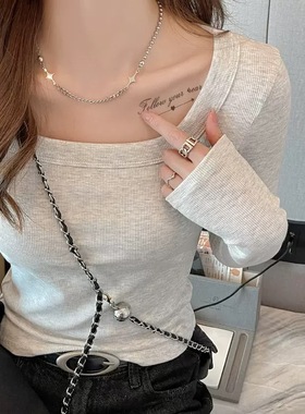 螺纹方领春秋冬季打底衫女上衣修身显瘦小个子内搭可外穿长袖T恤