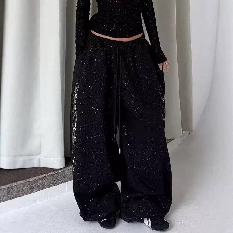 复古韩系烫钻阔腿裤子女秋季小众