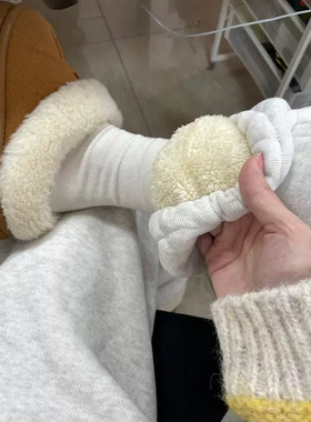 白灰色加绒运动裤子女冬季直筒休闲阔腿棉裤小个子束脚羊羔绒卫裤