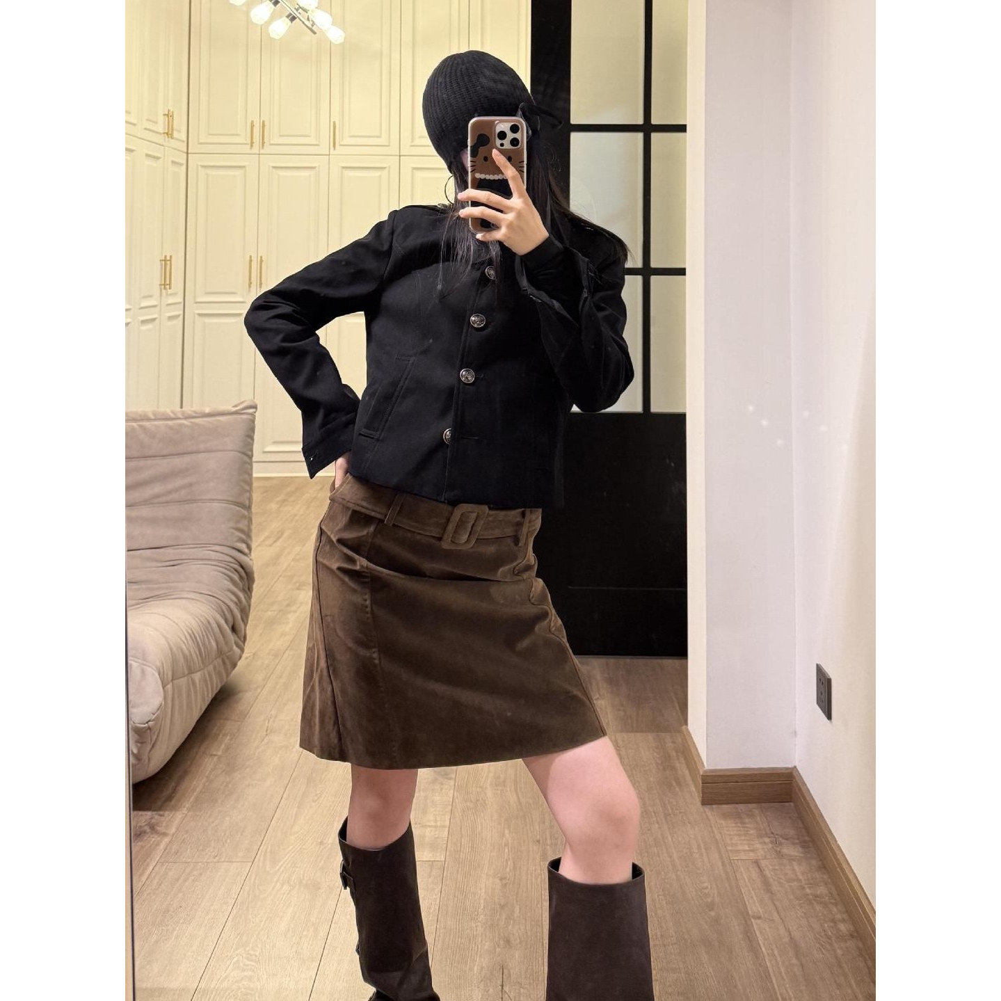 美拉德风乌木棕A字半身裙女秋季中裙复古风时尚百搭直筒包臀裙子