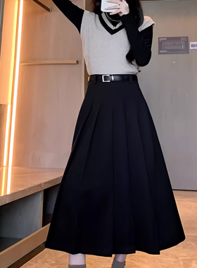 灰色西装百褶裙女秋冬季新款高级感冬装半身裙小个子拉链a字伞裙