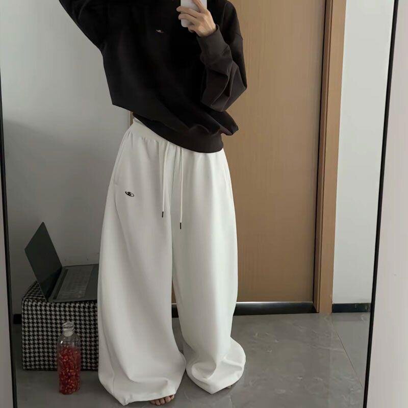 韩系慵懒风松弛感白色阔腿卫裤女款秋冬季高腰直筒宽松运动长裤子