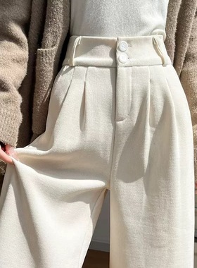 白色灯芯绒阔腿裤子女秋冬新款窄版直筒垂感小个子加绒休闲西装裤