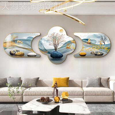 网红客草厅装饰四画三现简约新款画沙背发景墙挂画叶代联卧室壁画