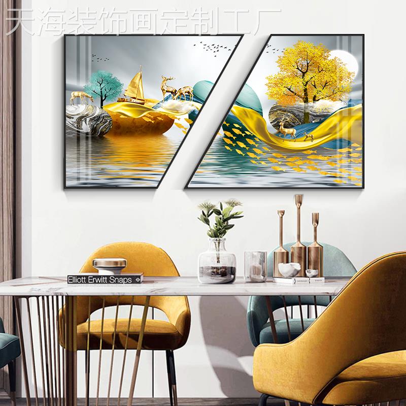网红轻饰奢大餐厅装画北欧麋气形鹿饭餐桌厅背景墙挂画创意多边两图片
