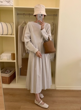 2023秋季新品韩国elephant简约基础百搭圆领百褶下摆长袖连衣裙女