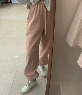 冬季新品韩国egg纯色松紧腰加绒收口卫裤女休闲运动裤均码