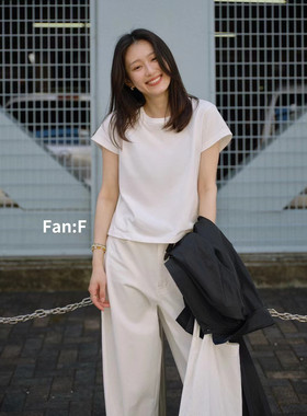 FanF韩系常规款简约纯色正肩t四季内搭短袖T恤女百搭显瘦女均码