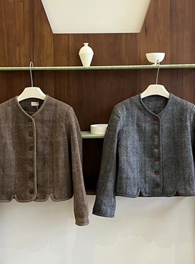 秋冬新品韩国鸡蛋egg日系复古圆领格纹羊毛西装外套均码现货