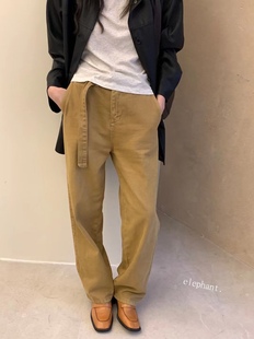 秋冬韩国elephant大象家复古时尚水洗杂色腰带款工装直筒牛仔裤女