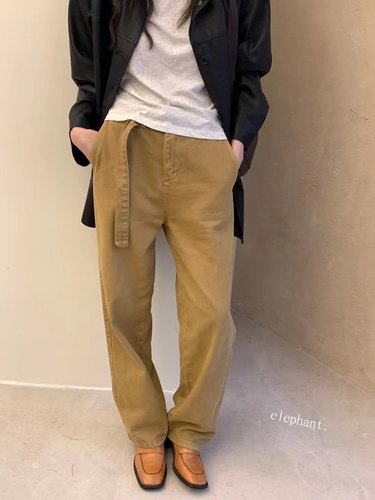 秋冬韩国elephant大象家复古时尚水洗杂色腰带款工装直筒牛仔裤女