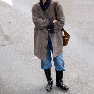 秋冬新品韩国egg日系复古格纹两面穿翻领羊毛大衣外套均码现货