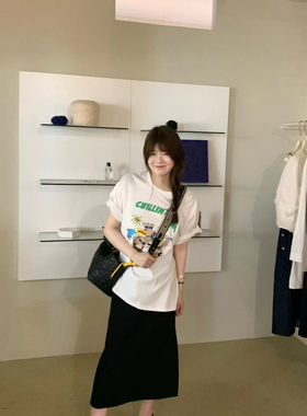 韩国handwash33家宽松卡通字母印花圆领T恤开衩松紧腰半裙均码女