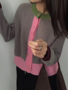 秋季新品egg鸡蛋家简约趣味撞色圆领马海毛毛衣开衫均码现货女