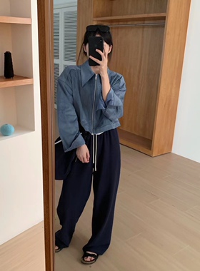 春秋新品韩国aboutmoon简约休闲翻领拉链麂皮西装短款外套女均码