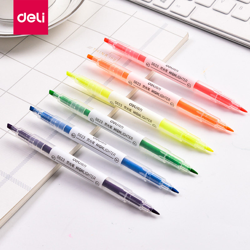 得力S627双头荧光笔标记笔学生用糖果色记号笔彩色笔写字笔6支/套