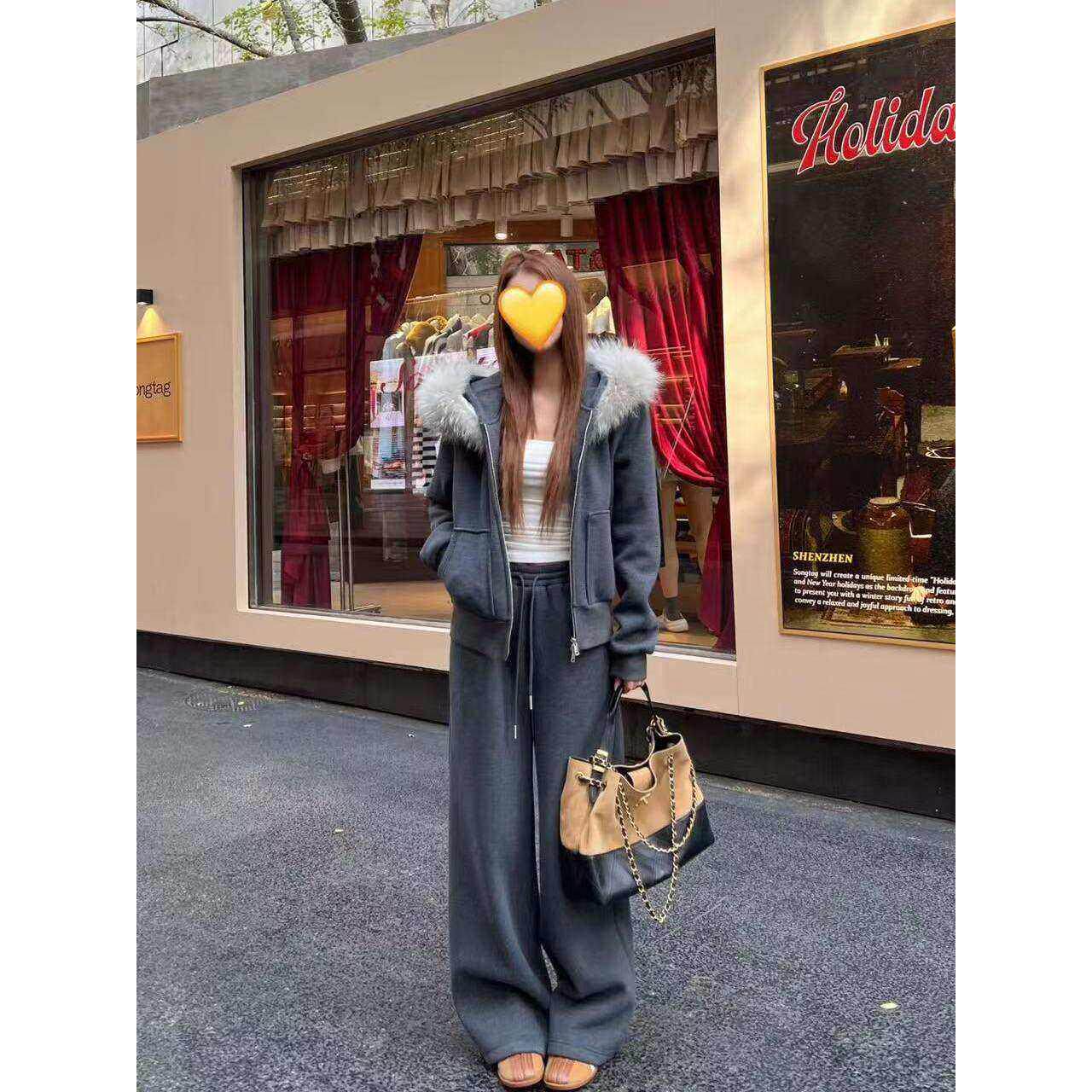 好漂亮狐狸毛连帽加绒套装女2025年冬季新款两件套宽松休闲时尚潮