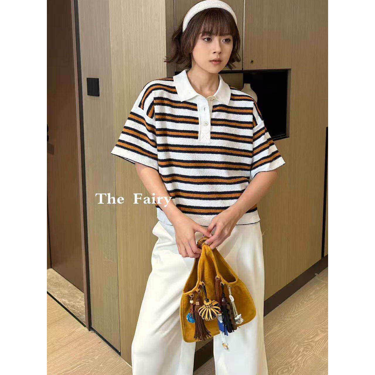 好漂亮翻领条纹针织半袖T恤女2026年早春新款短袖上衣宽松 时尚潮