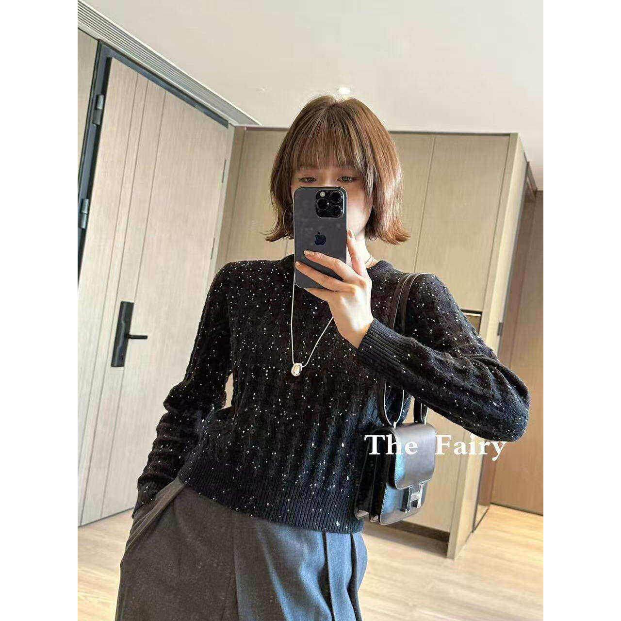 好漂亮重工亮片羊毛针织套头衫女2025年冬季新款短毛衣宽松时尚潮