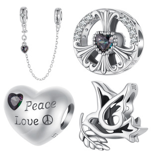 和平与爱反战系列心形安全链diy配件手链串珠925纯银珠子散珠素银