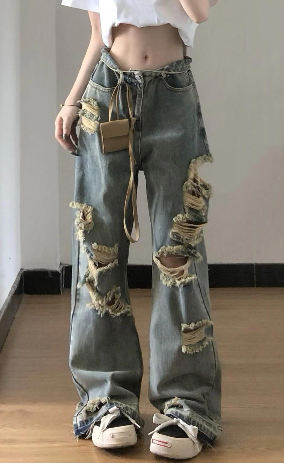 AMERICAN RETRO RIPPED JEANS WOMENS SUMMER THIN DRAPED TASSEL DESIGN LOOSE WIDE LEG PANTS LONG PANTS
