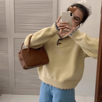 韩系温柔风撞色翻领套头毛衣女