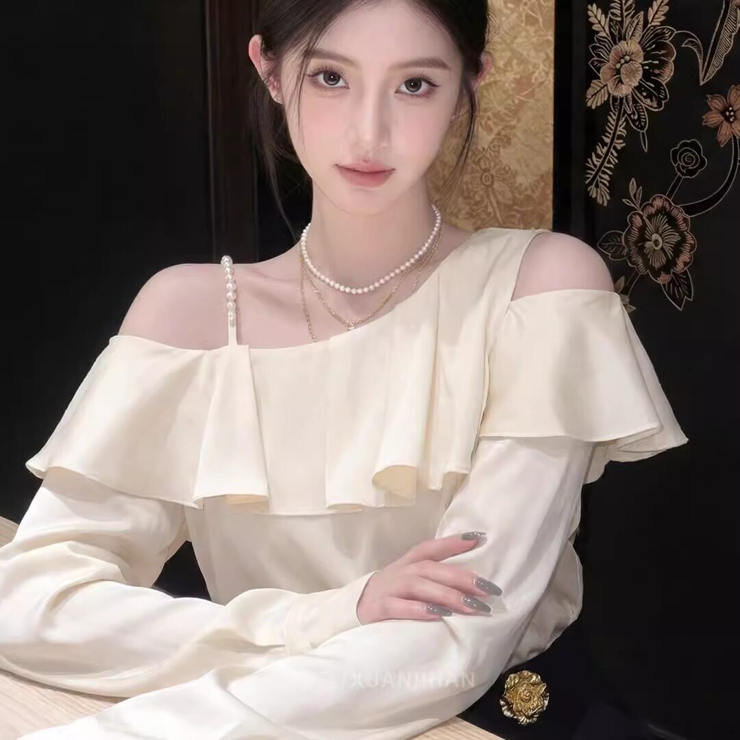 法式温柔风斜领长袖衬衫女早春新款白色荷叶边露肩显瘦百搭上衣潮