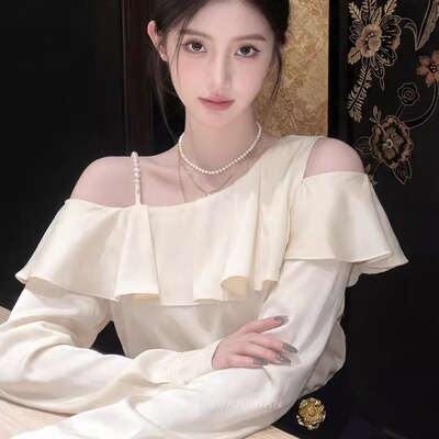 法式温柔风斜领长袖衬衫女