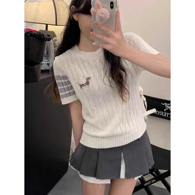 学院风趣味小狗刺绣针织衫短袖女夏季设计感小众显瘦百搭圆领上衣