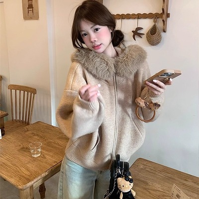 韩系慵懒风毛领拼接长袖针织开衫