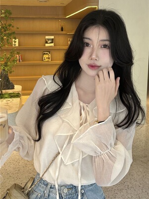 薄款系带长袖仙气早秋雪纺上衣