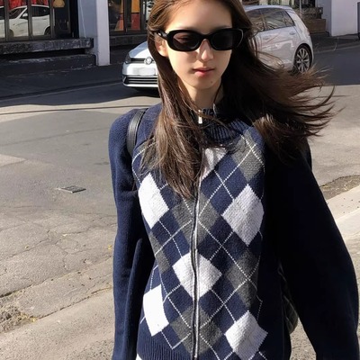 美式复古菱格拉链针织开衫女