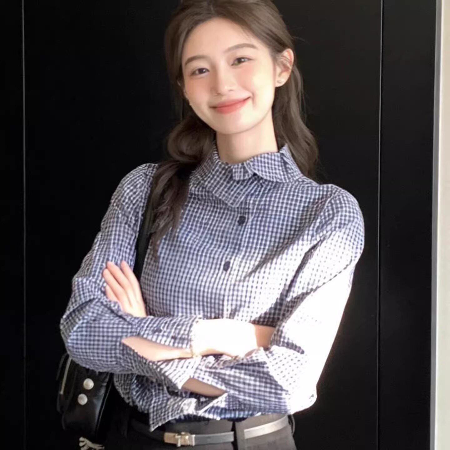 法式复古蓝色格子花边领长袖衬衫女春季绝美巨好看显瘦百搭上衣潮