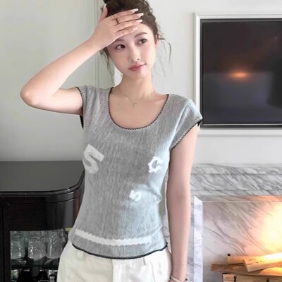 韩系字母印花网纱拼接灰色短袖