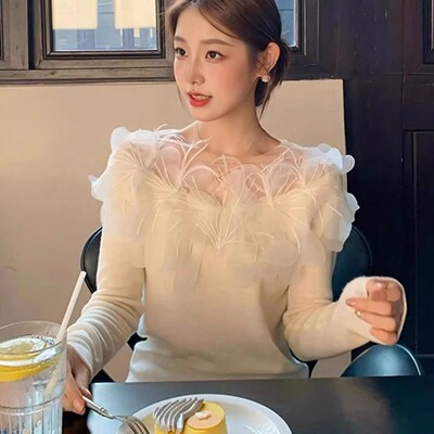 法式花朵网纱拼接针织衫女
